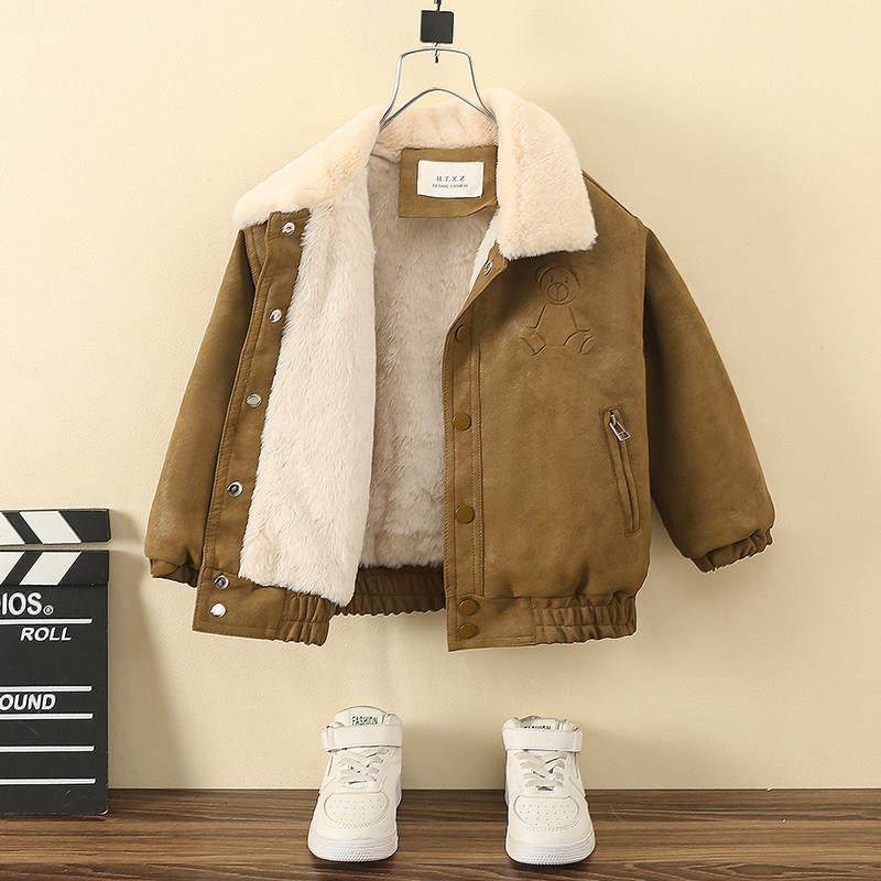 男童加绒皮衣外套秋冬装2025新款洋气宝宝冬季夹克儿童加厚棉衣潮