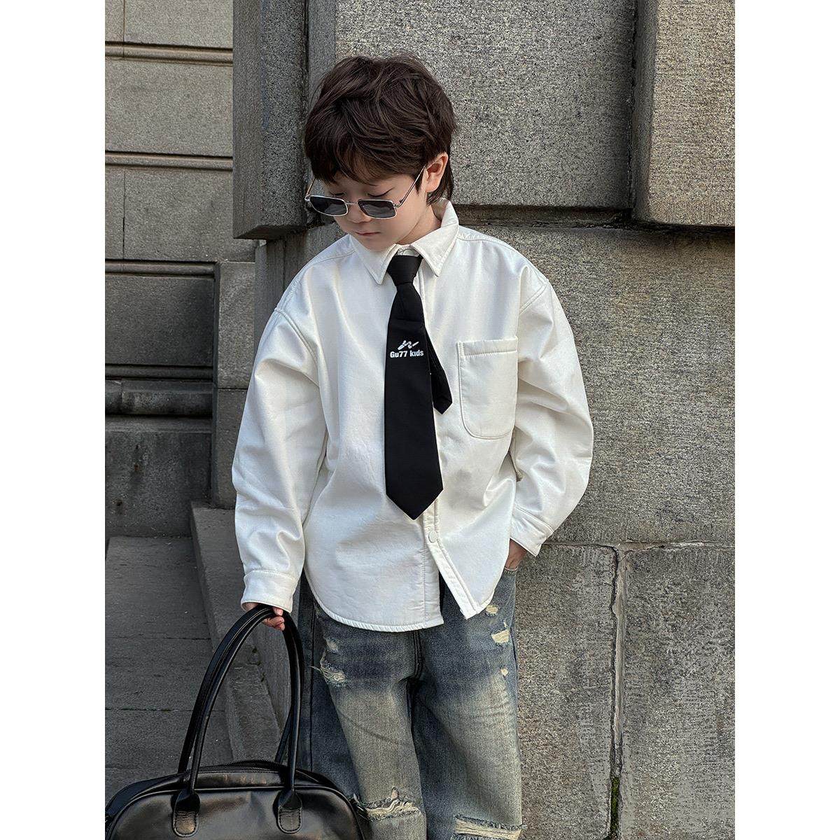 男生冬季上衣，韩式童装丝绒衬衫，双层领带，男生时髦酷炫学院风