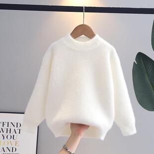 女童秋冬毛衣男童水貂绒加厚中大童白色一体绒儿童针织打底衫冬装