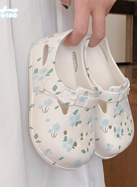 细细条 韩系蓝色小花儿童凉鞋ins仙女风沙滩防滑女童宝宝洞洞鞋夏