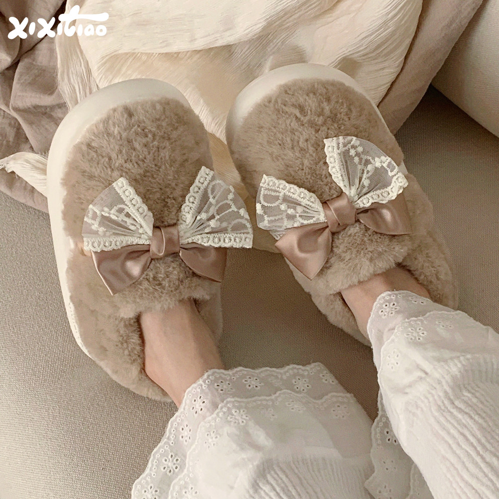细细条 毛绒月子鞋女包跟防滑保暖冬季韩系蝴蝶结休闲居家棉拖鞋,居家布艺,居家棉拖/棉鞋,淘宝优惠券,粉丝福利购,淘宝优惠卷