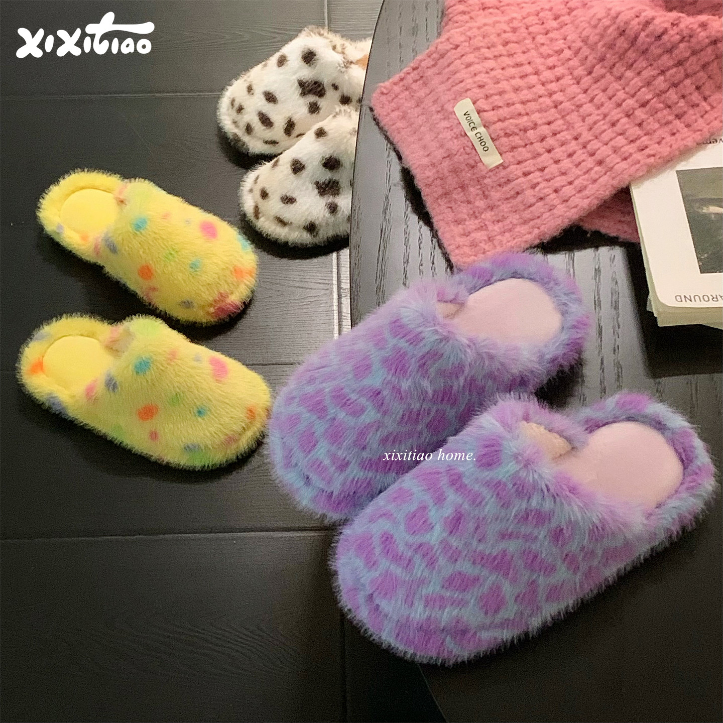 细细条 ins网红时尚防滑个性多巴胺棉拖鞋女冬家居保暖包头毛毛鞋,居家布艺,居家棉拖/棉鞋,淘宝优惠券,粉丝福利购,淘宝优惠卷