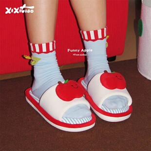 女春夏学生休闲居家吸汗软底月子鞋 细细条 ins可爱笑脸苹果地板鞋