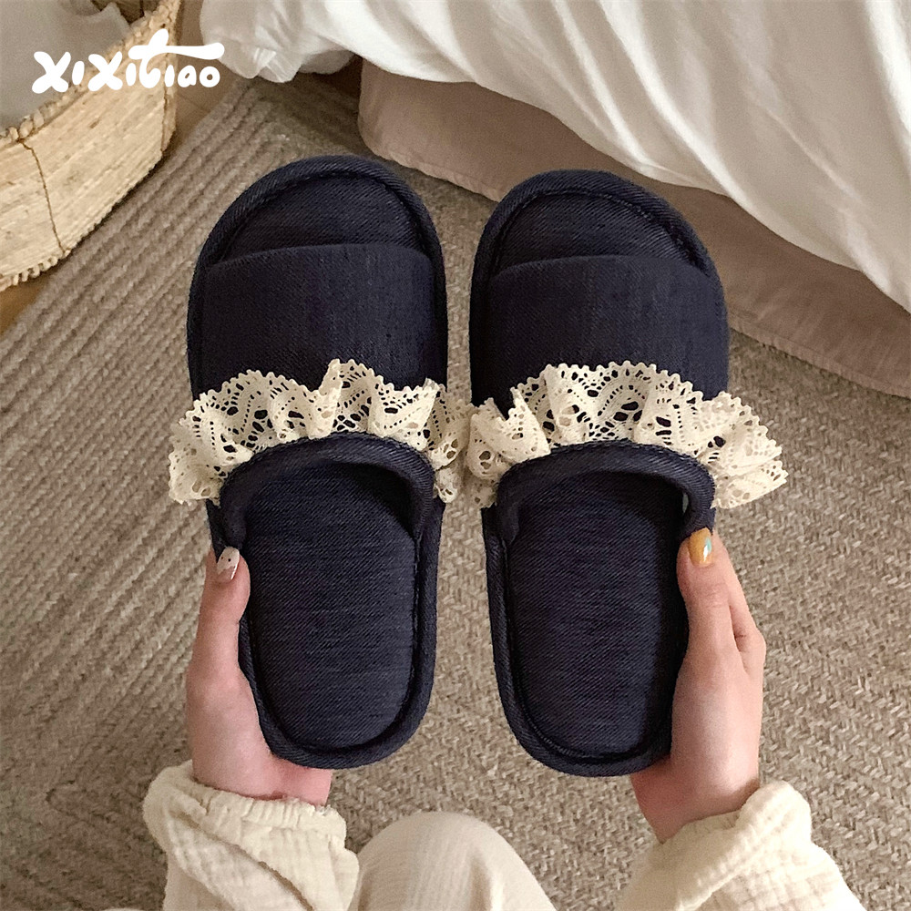 细细条 居家软底防滑月子鞋地板鞋韩系甜美钩花边四季拖鞋女夏季,居家布艺,居家亚麻拖鞋,淘宝优惠券,粉丝福利购,淘宝优惠卷