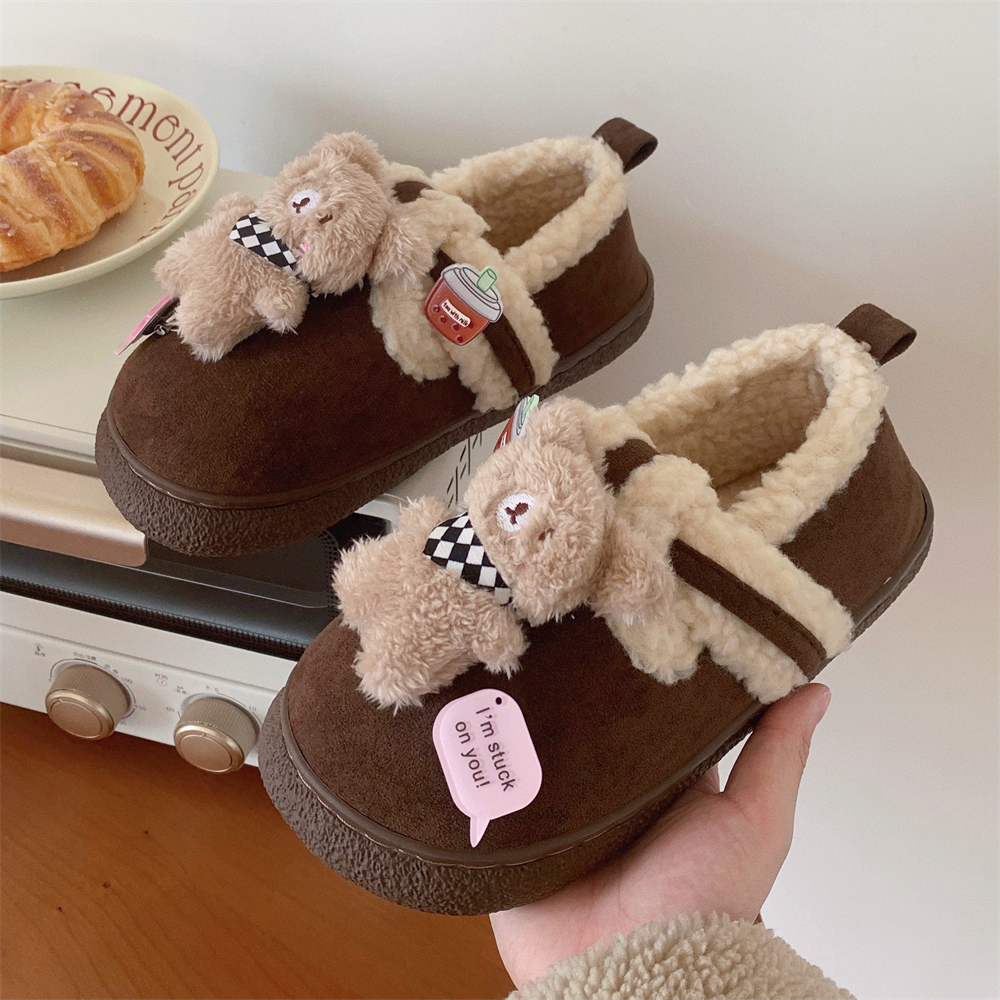 细细条全包跟防滑外穿加绒勃肯鞋可爱小熊保暖亲子棉拖鞋女冬季