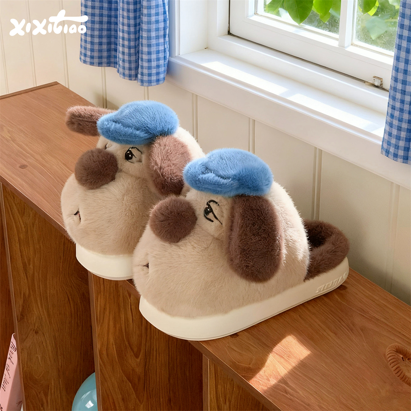 细细条丑萌大鼻子小狗防滑棉拖鞋