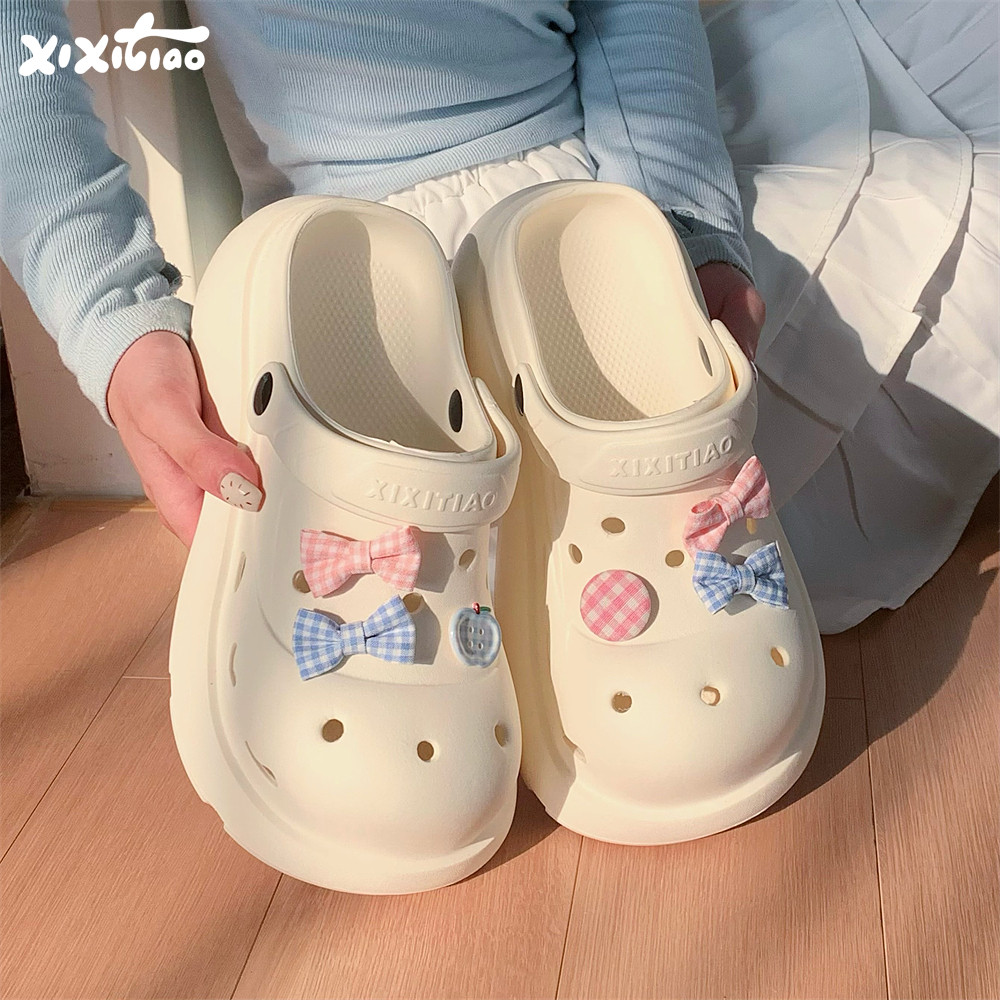 格子蝴蝶结少女心厚底沙滩洞洞鞋图片