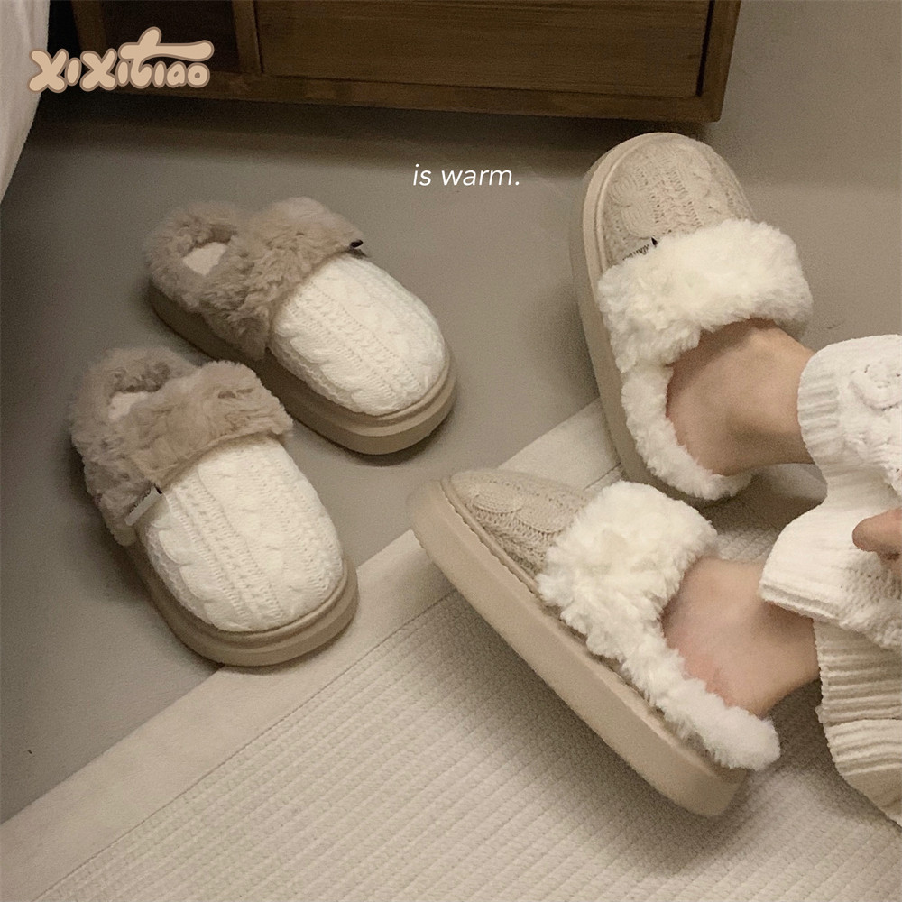 复古针织毛线麻花保暖厚底棉拖鞋