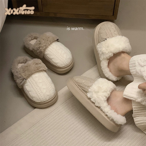 复古针织毛线麻花保暖厚底棉拖鞋