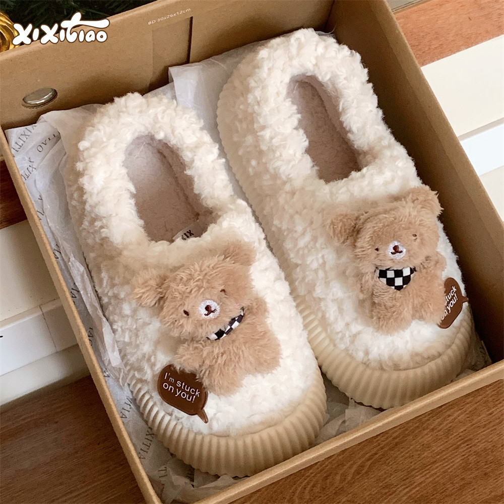 简约可爱围巾小熊羊羔毛懒人棉鞋