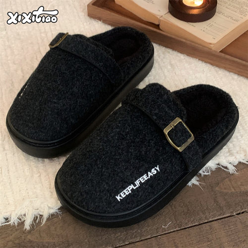 韩版时尚皮带扣勃肯居家棉拖鞋冬