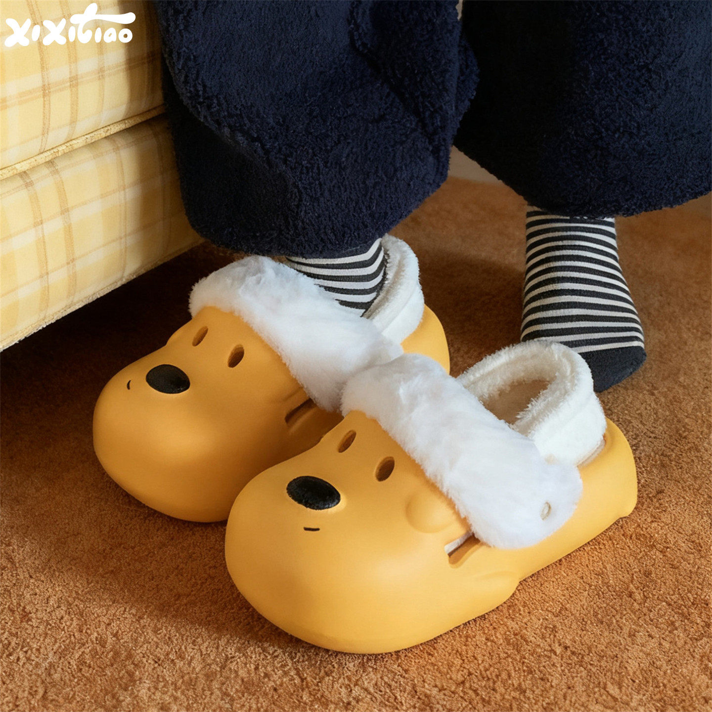 细细条洞洞鞋棉拖鞋保暖可爱小狗