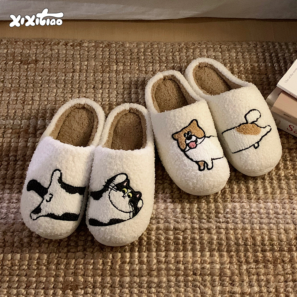 细细条 情侣家用保暖毛毛鞋趣味秋冬创意可爱小猫小狗棉拖鞋男女