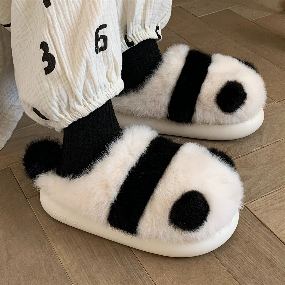 细细条棉拖鞋女士冬季少女心家居卧室防滑保暖可爱熊猫月子棉拖鞋
