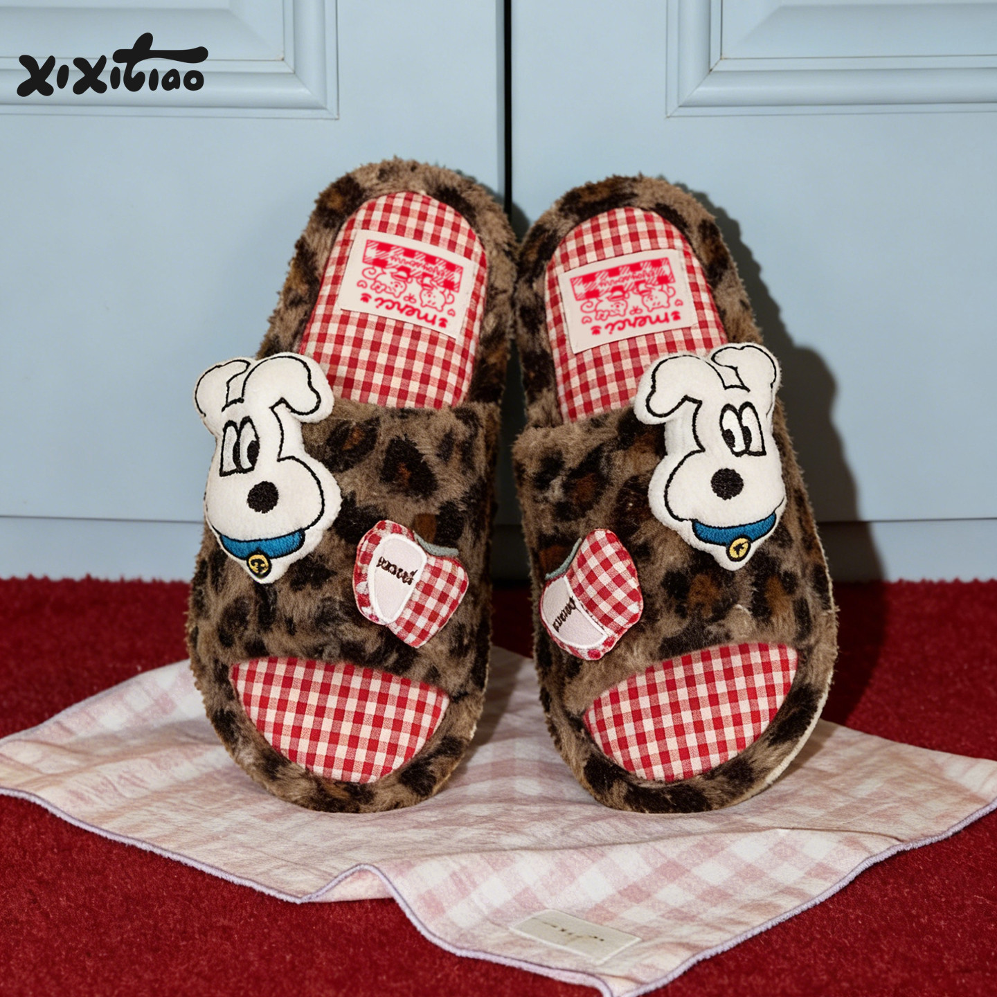 细细条 男女卧室防滑趣味小狗棉麻拖鞋情侣一字四季通用ins地板鞋