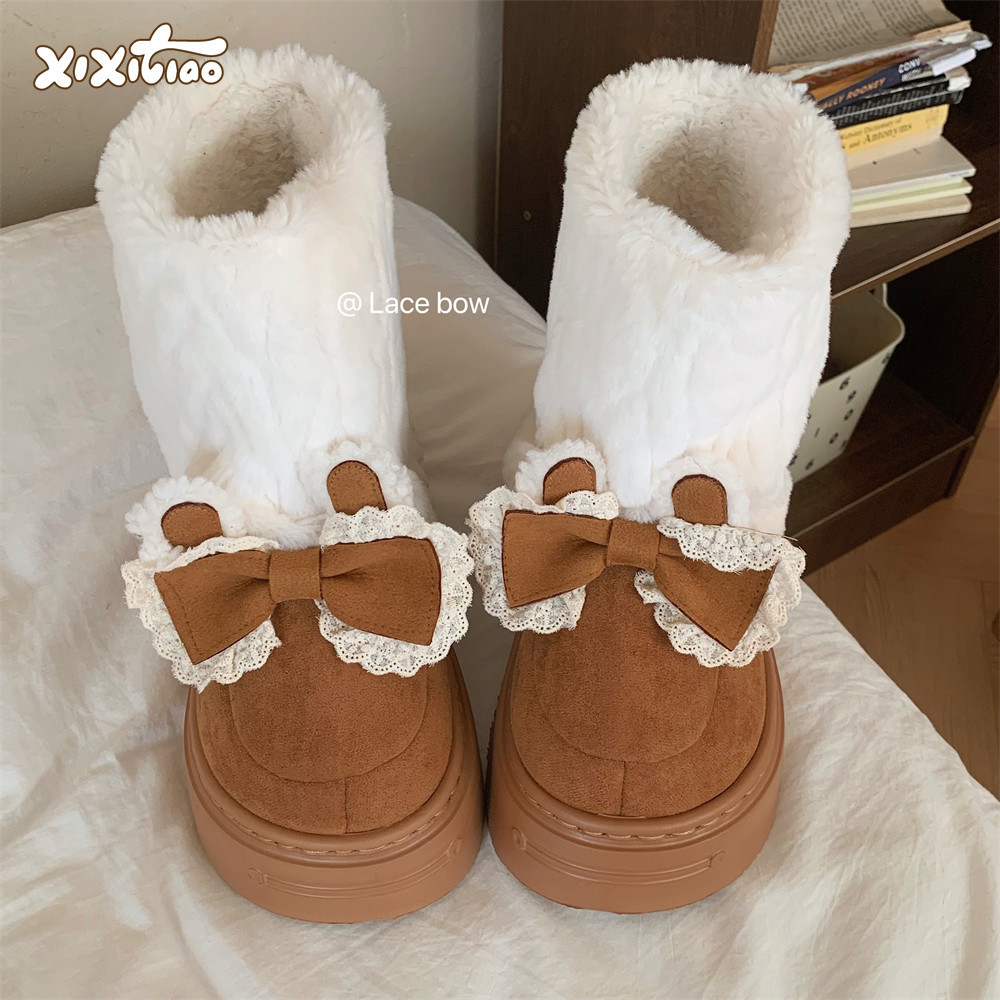 细细条休闲时尚冬季外穿保暖花边蝴蝶结女士新款厚底中筒雪地靴,女鞋,时尚雪地靴,淘宝优惠券,粉丝福利购,淘宝优惠卷