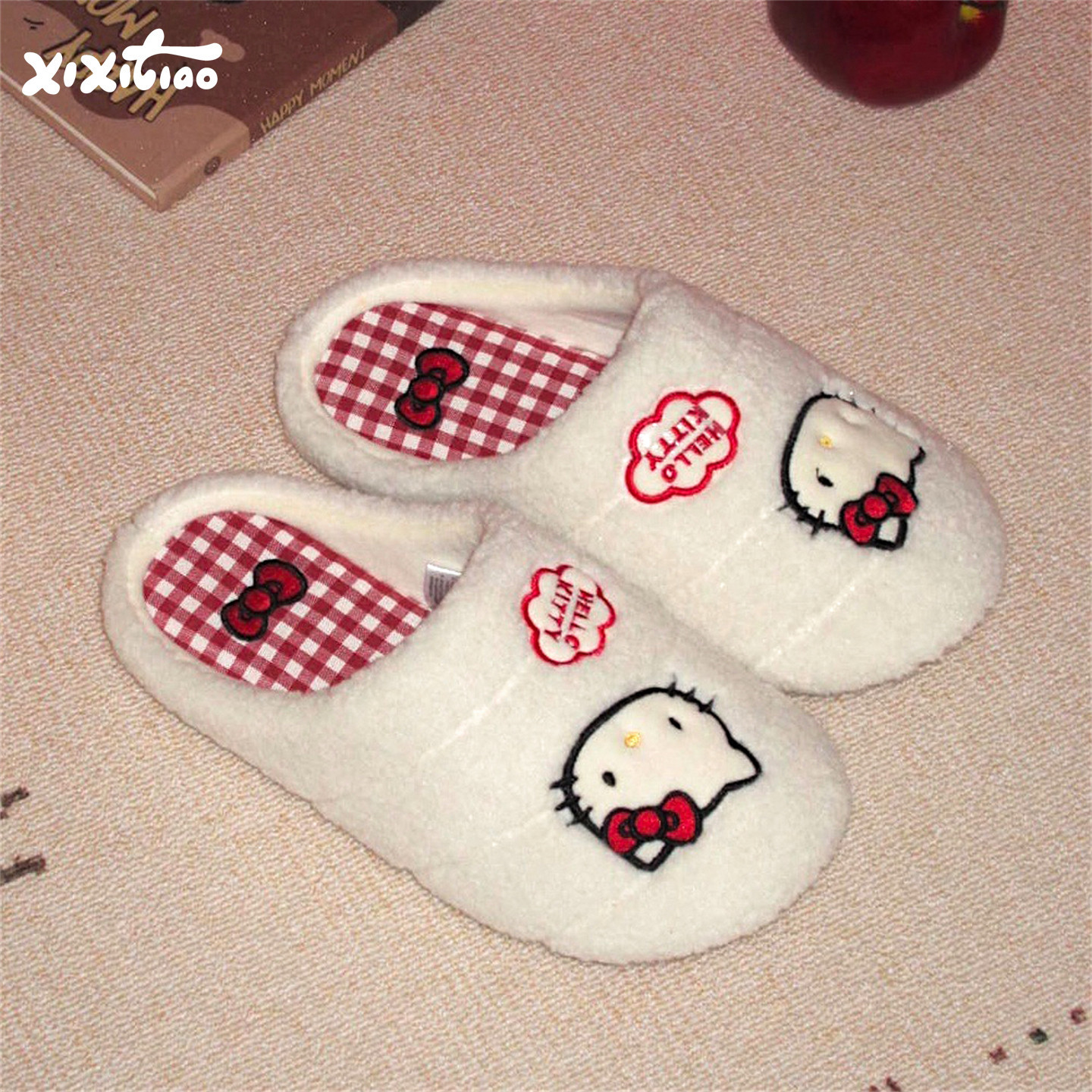 细细条 防滑少女心格子棉拖鞋女冬季居家正版HelloKitty猫月子鞋