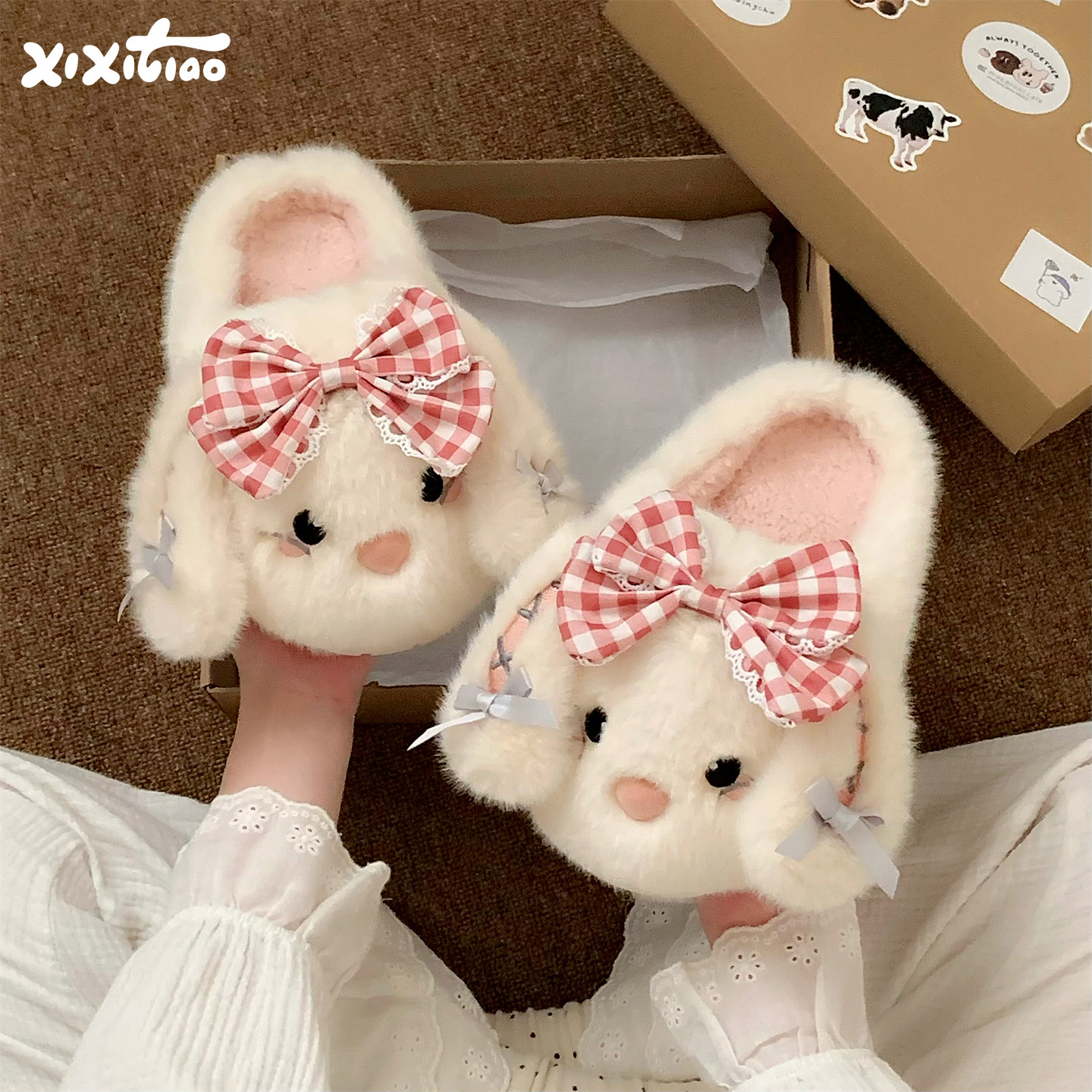 细细条 防滑甜美蝴蝶结兔子棉拖鞋家用保暖新款舒适毛毛鞋女士冬,居家布艺,居家棉拖/棉鞋,淘宝优惠券,粉丝福利购,淘宝优惠卷
