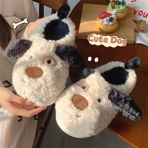 细细条卡通可爱小狗情侣棉拖鞋