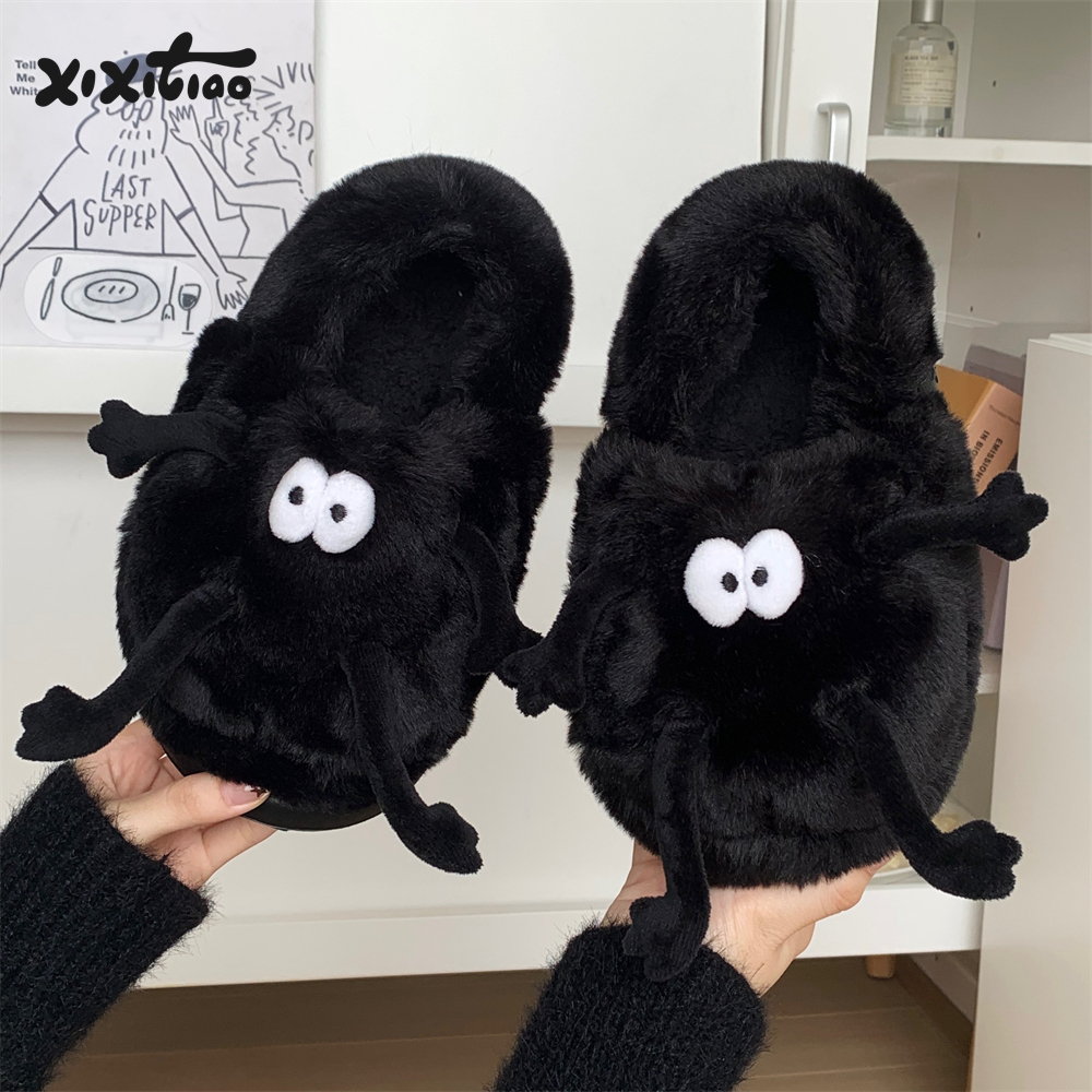 细细条亲子搞怪煤球毛毛鞋ins舒适保暖全包跟居家秋冬棉拖鞋男女