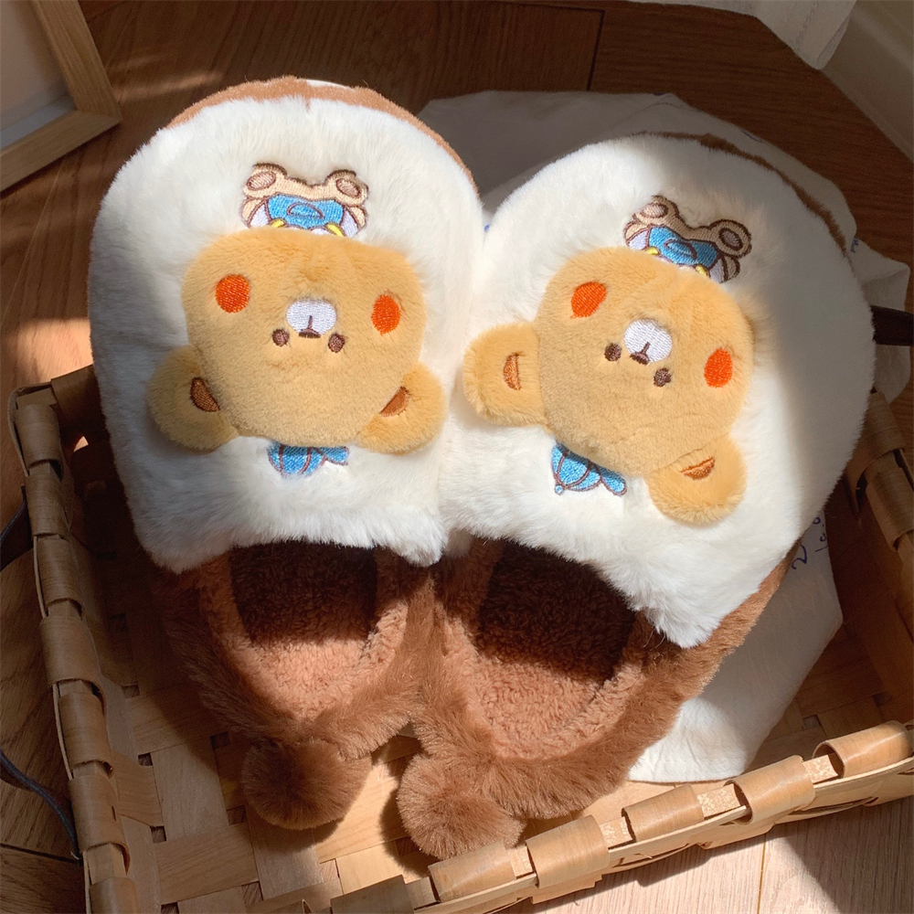 细细条男女冬季防滑保暖毛绒绒月子鞋ins卡通可爱小熊情侣棉拖鞋