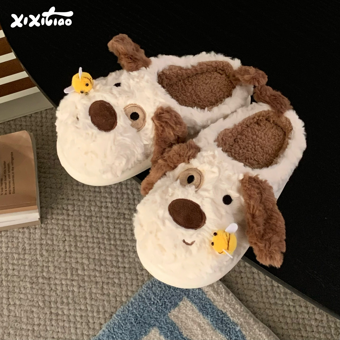 细细条 防滑可爱狗狗居家鞋保暖创意小蜜蜂ins秋冬软底棉拖鞋男女