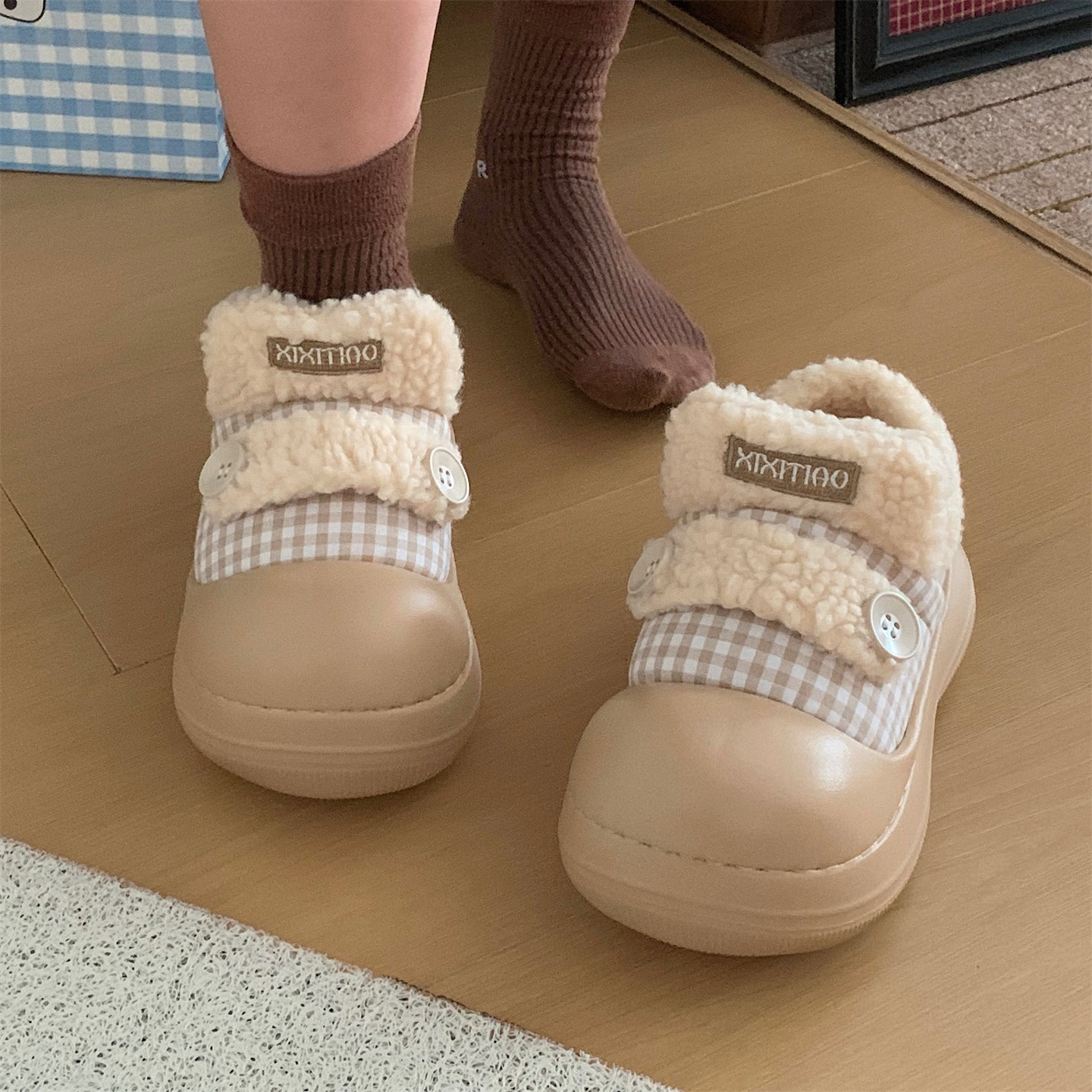 细细条 韩系新款百搭撞色拼接面包鞋女冬加绒加厚防滑乐福豆豆鞋,居家布艺,居家棉拖/棉鞋,淘宝优惠券,粉丝福利购,淘宝优惠卷