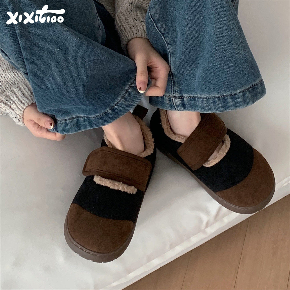 细细条创意魔术贴豆豆鞋女士外穿百搭冬季亲子休闲复古撞色棉鞋,居家布艺,居家棉拖/棉鞋,淘宝优惠券,粉丝福利购,淘宝优惠卷