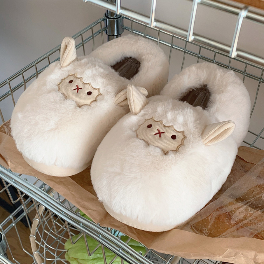 细细条卡通可爱小绵羊毛绒棉拖鞋