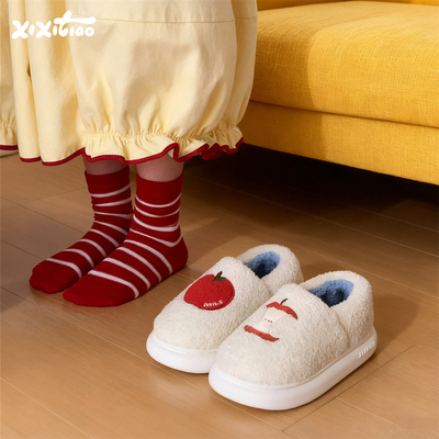 细细条棉拖鞋保暖防滑可爱红苹果