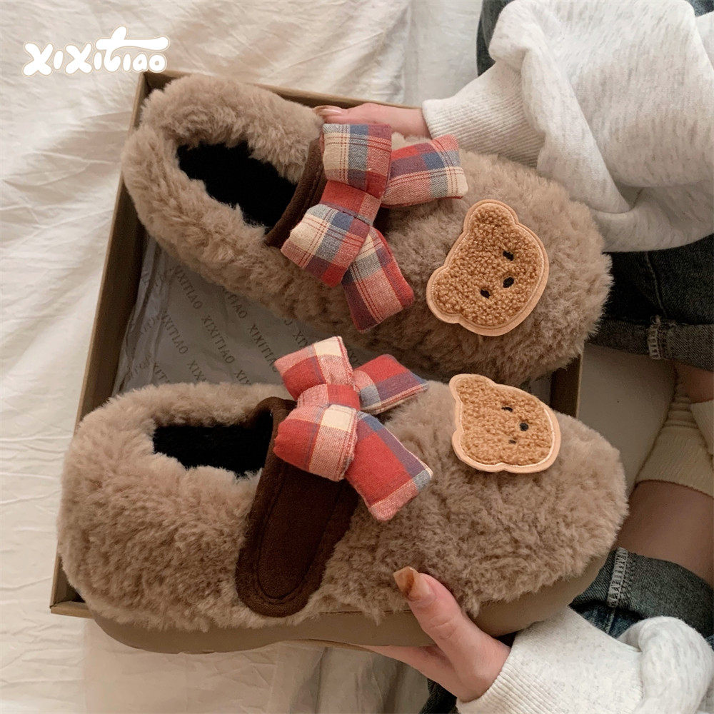 细细条复古格子蝴蝶结小熊冬季防滑豆豆鞋棉鞋女魔术贴毛毛单鞋,居家布艺,居家棉拖/棉鞋,淘宝优惠券,粉丝福利购,淘宝优惠卷