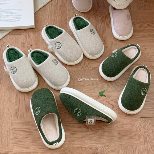 细细条冬季男女家用防滑保暖加绒月子鞋趣味卡通小狗情侣棉拖鞋