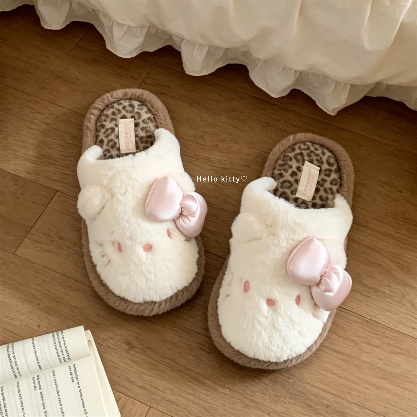 细细条 正版HelloKitty豹纹棉拖鞋女冬室内保暖蝴蝶结小猫毛毛鞋