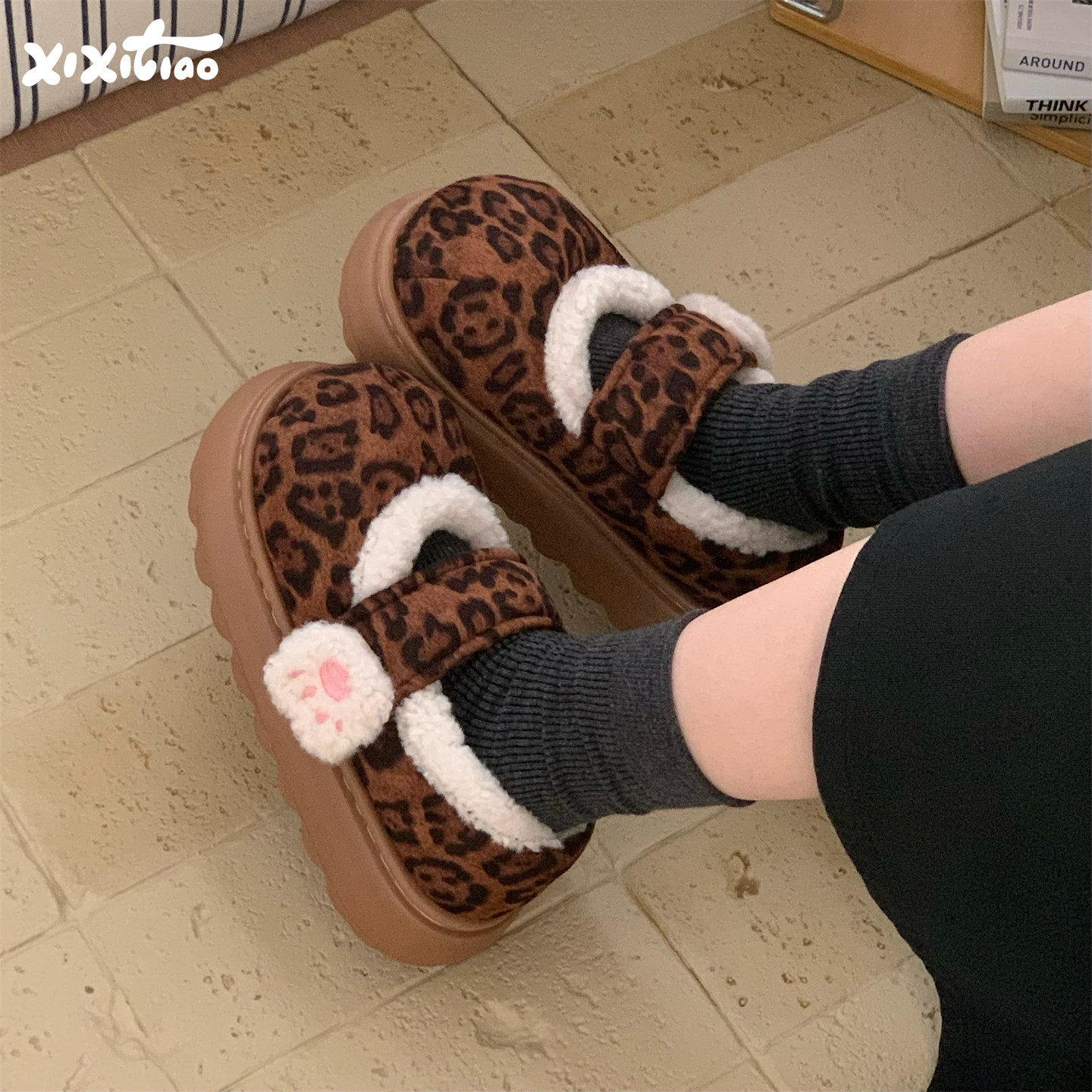 细细条 可爱猫爪魔术贴高级感豹纹玛丽珍棉鞋防滑休闲女冬豆豆鞋,居家布艺,居家棉拖/棉鞋,淘宝优惠券,粉丝福利购,淘宝优惠卷