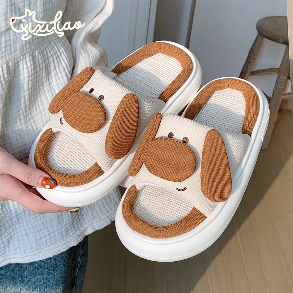 细细条趣味大鼻子狗狗情侣亚麻拖鞋四季通用防滑男女居家棉麻鞋,居家布艺,居家亚麻拖鞋,淘宝优惠券,粉丝福利购,淘宝优惠卷