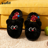 细细条ins生日小黑猫棉拖鞋 月子鞋 女冬季 可爱防滑家居保暖毛毛鞋