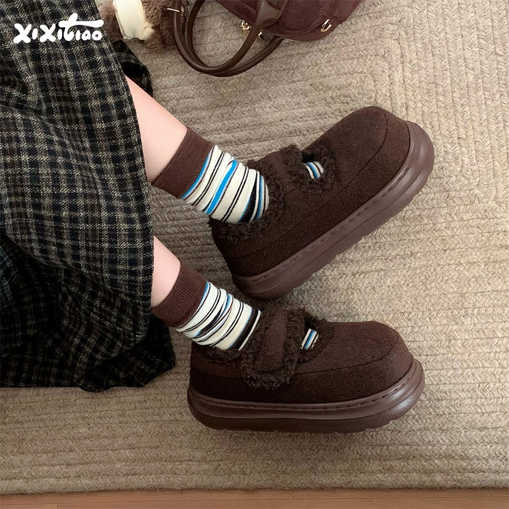 细细条 韩系可爱法式加绒魔术贴面包鞋女厚底防滑ins秋冬豆豆棉鞋,居家布艺,居家棉拖/棉鞋,淘宝优惠券,粉丝福利购,淘宝优惠卷