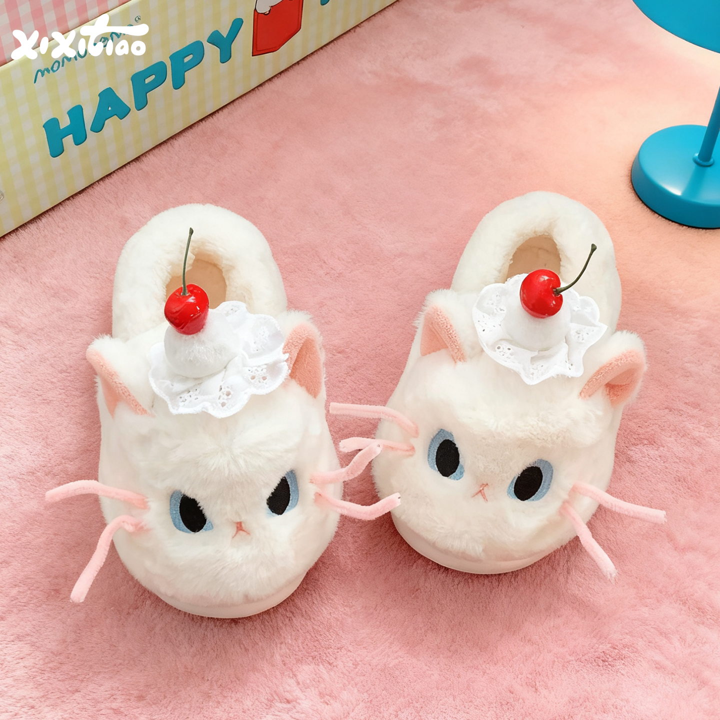 细细条棉拖鞋可爱樱桃蓝眼小猫爪