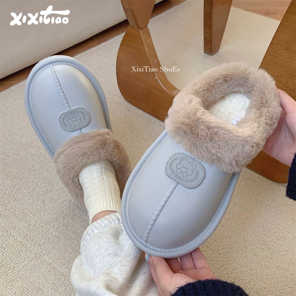 细细条加绒保暖情侣秋冬季棉拖鞋创意卡通小熊高级感月子鞋男女