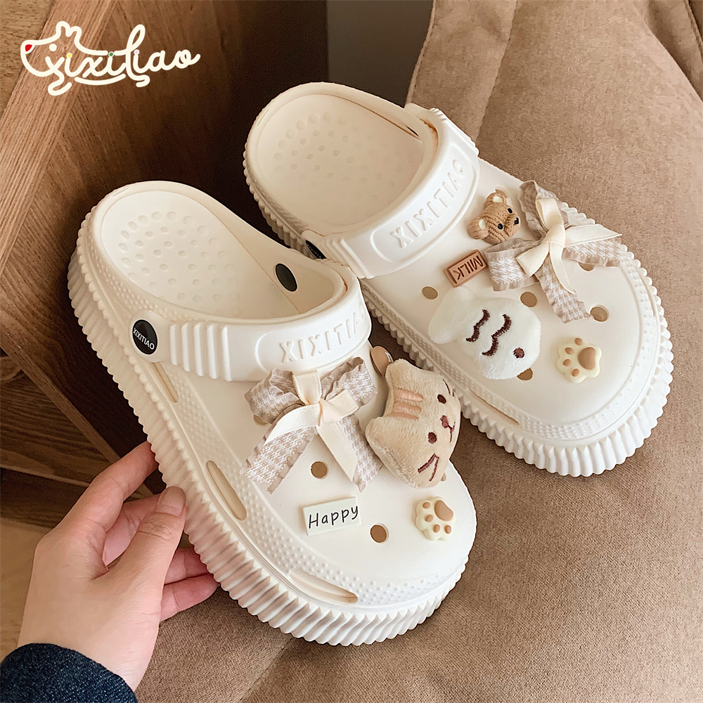 可爱蝴蝶结小猫厚底包头洞洞鞋