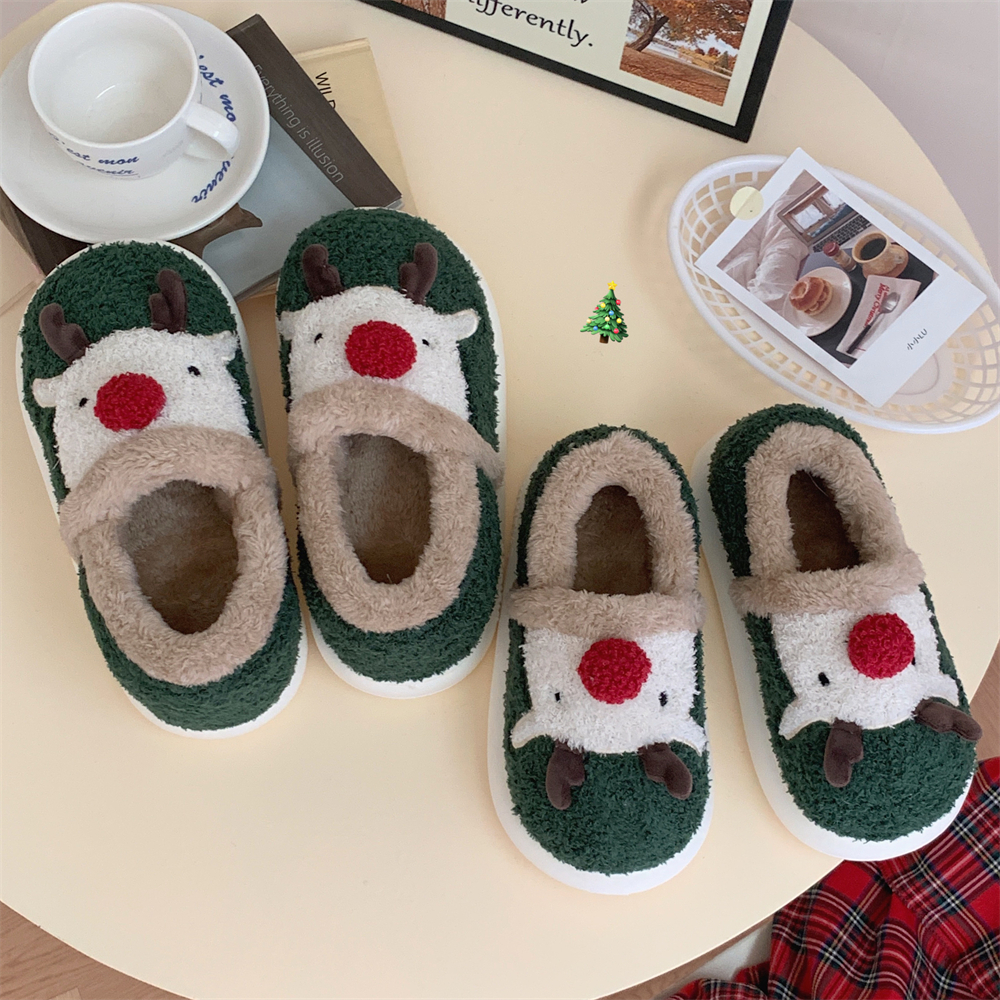 细细条可爱圣诞麋鹿情侣防滑保暖棉拖鞋毛绒全包跟月子鞋男女冬