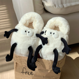 ins 保暖男女居家亲子全包跟棉拖鞋 细细条毛毛鞋 搞怪可爱情侣新款