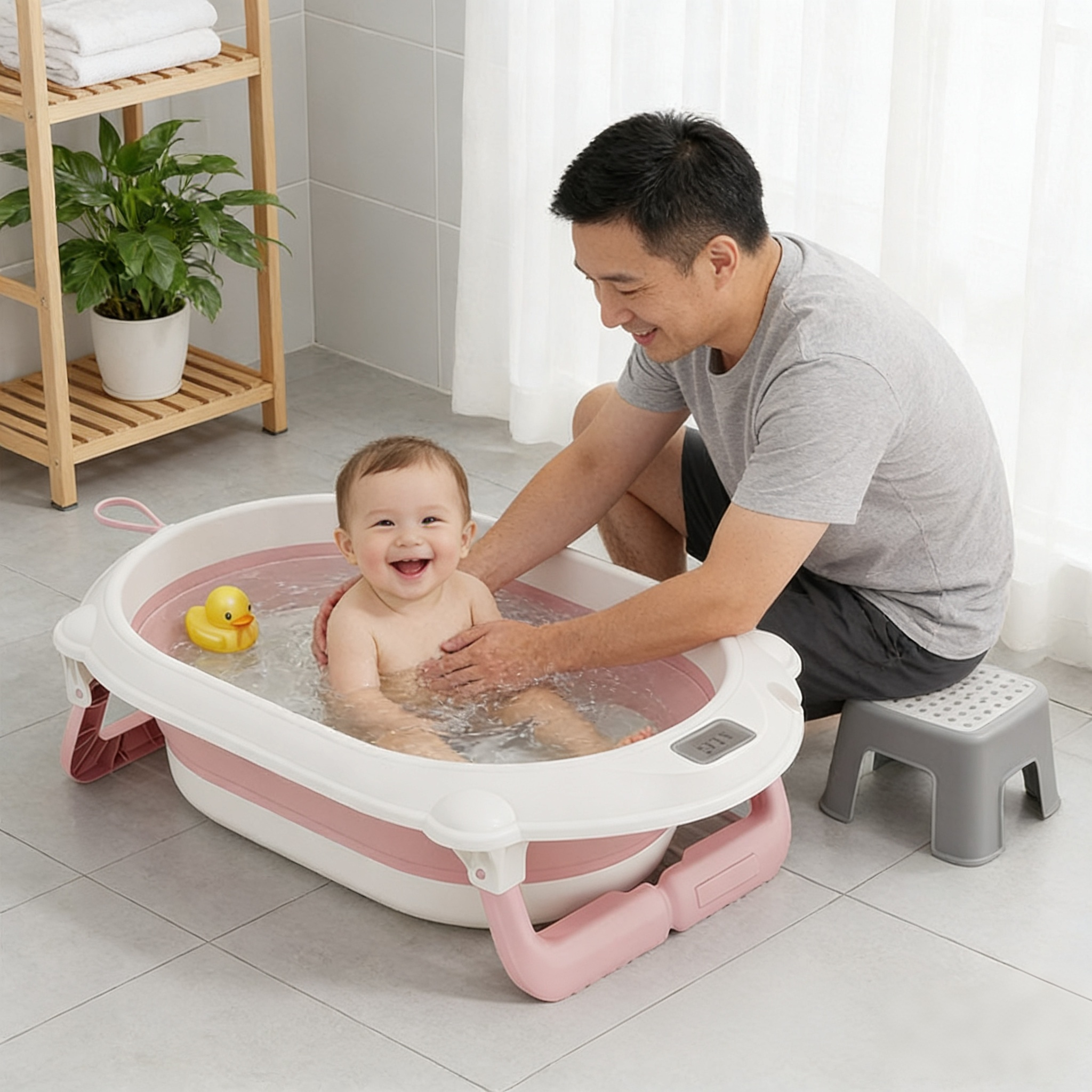 婴儿折叠感温可坐可躺洗澡盆