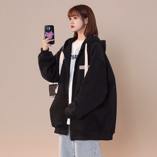 大码秋冬季加绒加厚外套女潮ins原宿港风棒球服连帽运动开衫卫衣