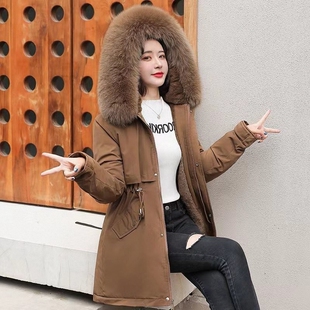 棉服女2026年冬季派克服收腰显瘦中长款韩版加厚小个子带毛领外套