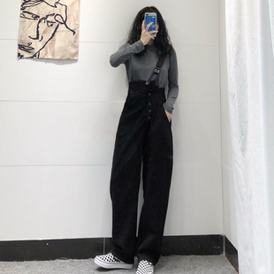 黑色单肩牛仔背带裤女韩版宽松春季卸拆两穿阔腿减龄拖地吊带长裤