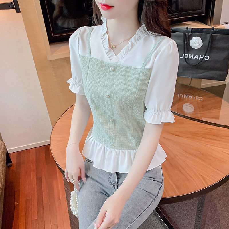 假两件法式2025年设计感甜美夏季衬衫新款上衣V领女短款小众短袖