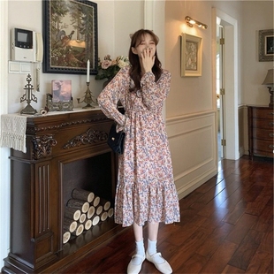温柔风碎花雪纺连衣裙女秋冬法式甜美中长款收腰显瘦绑带印花裙子