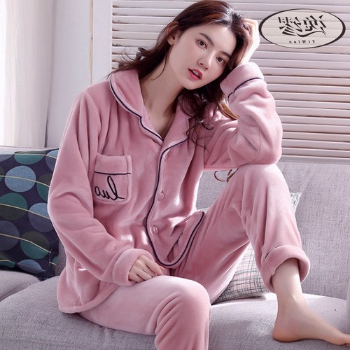 睡衣女冬加厚加绒法兰绒家居服秋冬季中年珊瑚绒睡衣女士套装春秋