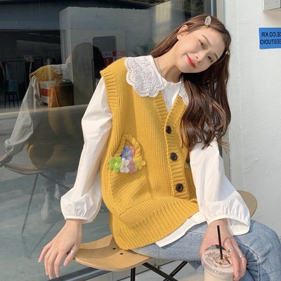 两件套装/单件韩版洋气百搭叠穿针织马甲毛衣娃娃领衬衫春秋2025